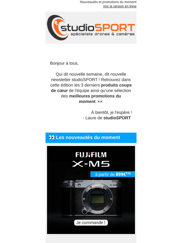 Jusqu'à -100€ sur les caméras GoPro 🔥 découvrez le nouveau Fujifilm X-M5 chez studioSPORT.fr
