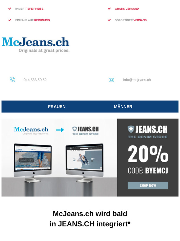 20% Wechselbonus – McJeans.ch wird bald in JEANS.CH integriert