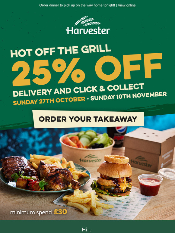 Cosy up at home with 25% off Harvester takeaways 😊