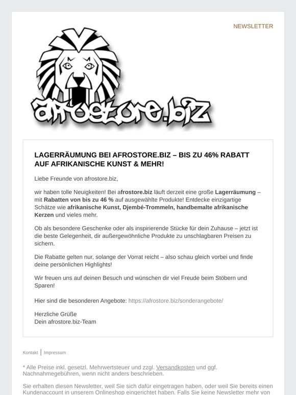 Lagerräumung bei Afrostore.biz – Bis zu 46% Rabatt auf afrikanische Kunst & mehr!