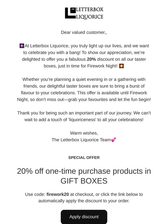 🎆 You’re the Spark to Our Fireworks! Enjoy 20% Off Taster Boxes!
