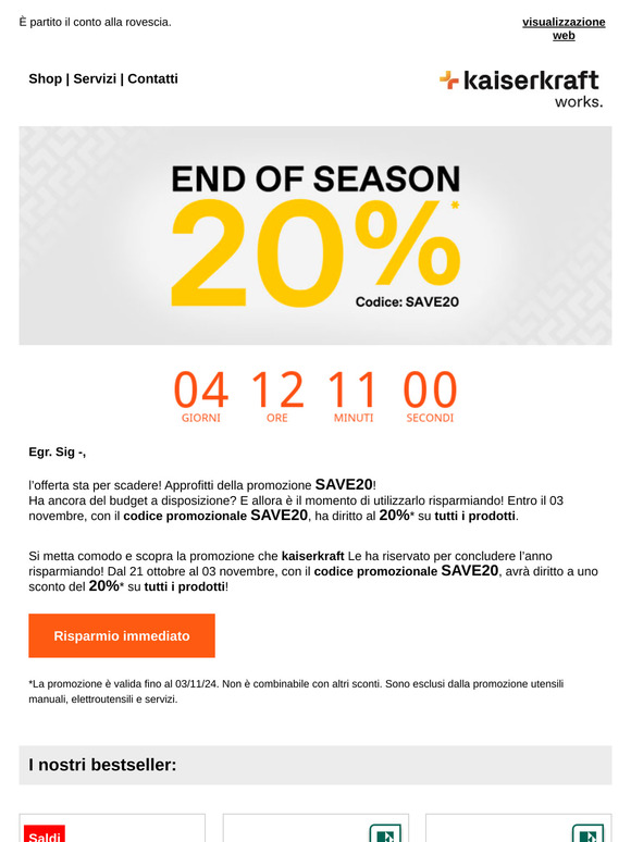 Ultima possibilità: 20%* su tutto!