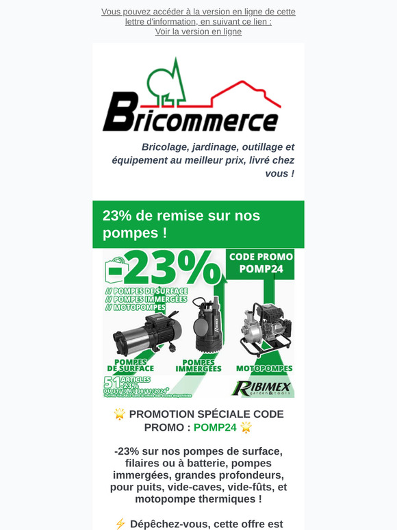 23% de remise avec le code promotionnel POMP24, chez Bricommerce