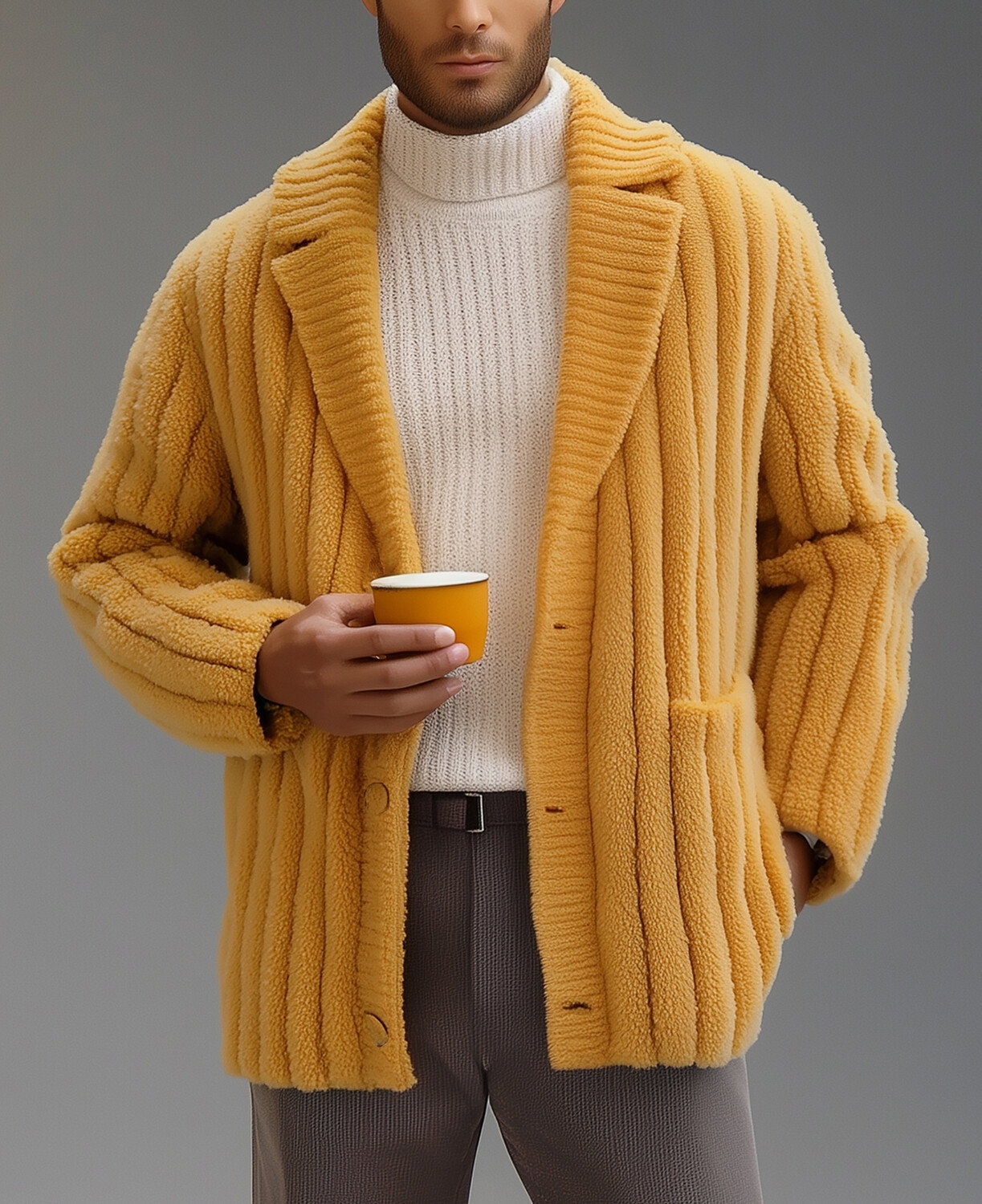 Okaywear Polar Fleece Lapel Collar Single Breasted Long Sleeve Coat