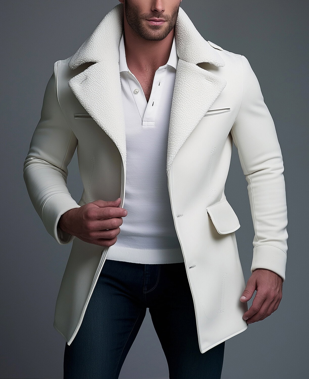 Okaywear PU Leather Fuzzy Lapel Button Solid Coat