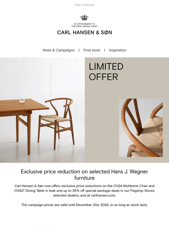 Exclusive price reduction on selected Hans J. Wegner furniture in teak