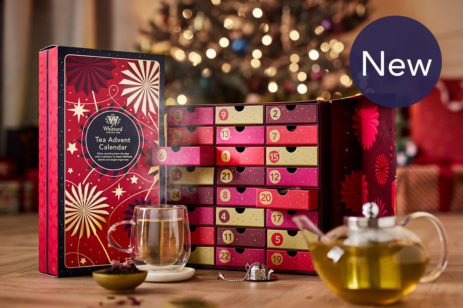 Whittard Loose tea and teabag advent calendars on a table top.
