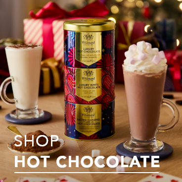 Shop Hot Chocolate text overlays image of two Hot Chocolate mugs