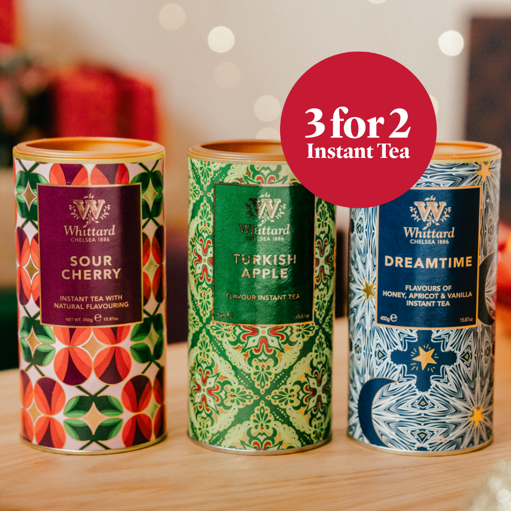 Get 3 for 2 on Instant Tea when you become a rewards member. This image highlights the sour cherry, turkish apple and dreamtime flavours.