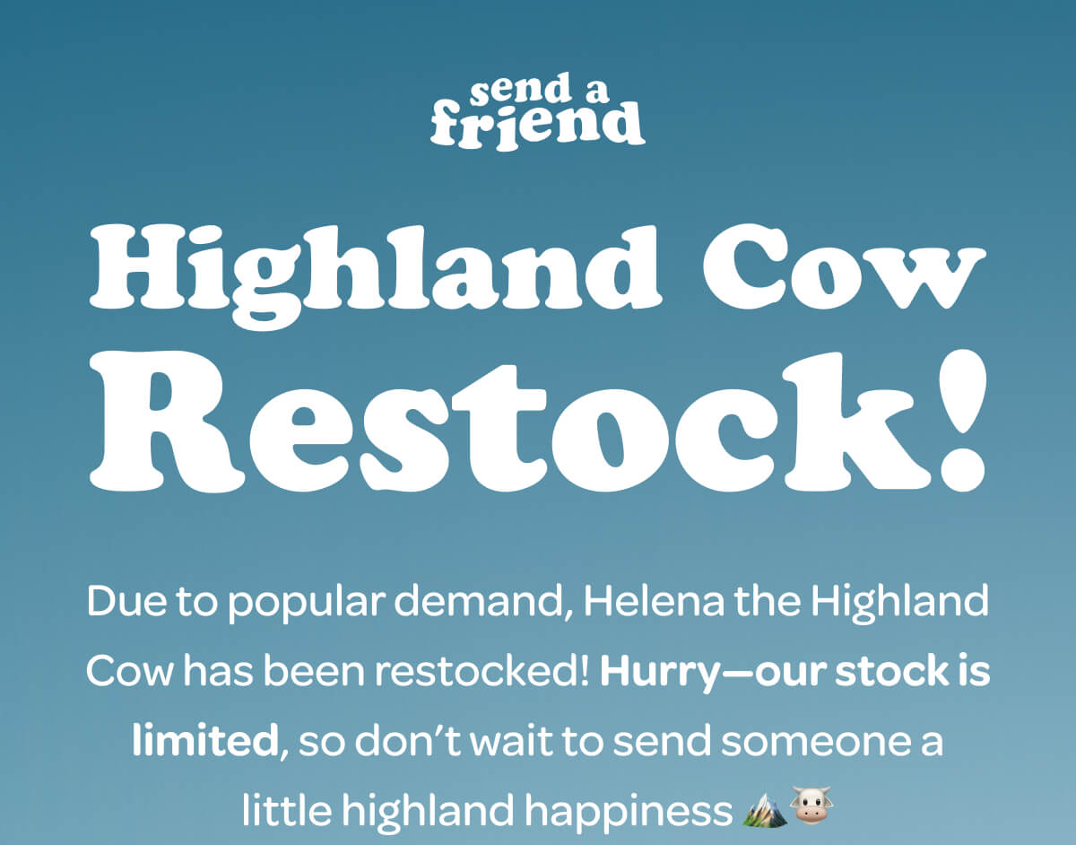 Highland Cow Restock! Due to popular demand, Helena the Highland Cow has been restocked! Hurry—our stock is limited, so don’t wait to send someone a little highland happiness 🏔🐮