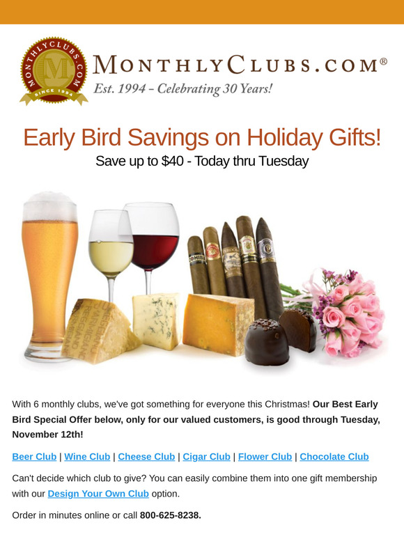 Early Bird Savings on Holiday Gifts from MonthlyClubs.com
