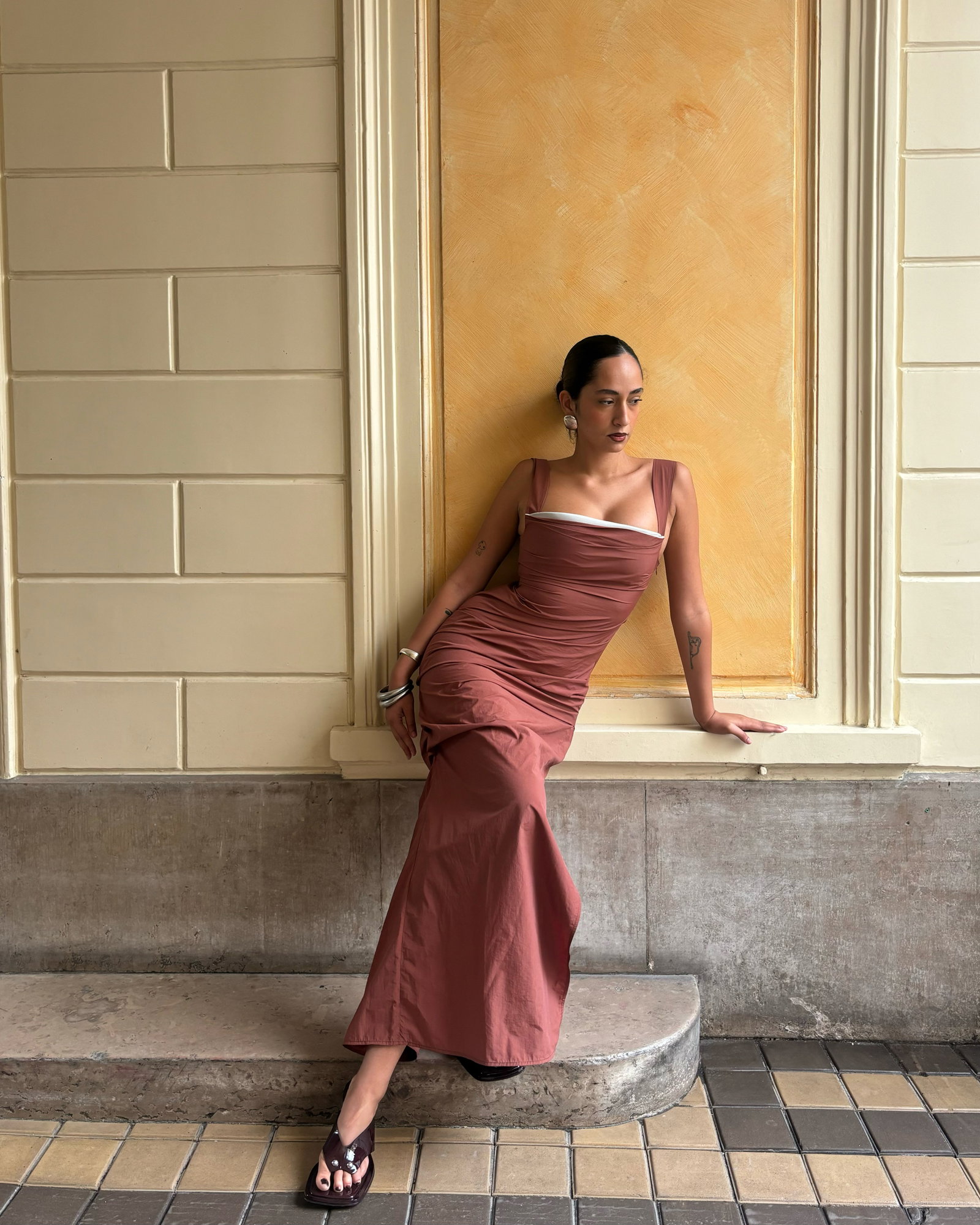 petite shift dresses knee length Brown Cotton Linen Yoked Knee Length Shift Dress 26" / Tall (5'7" and above)