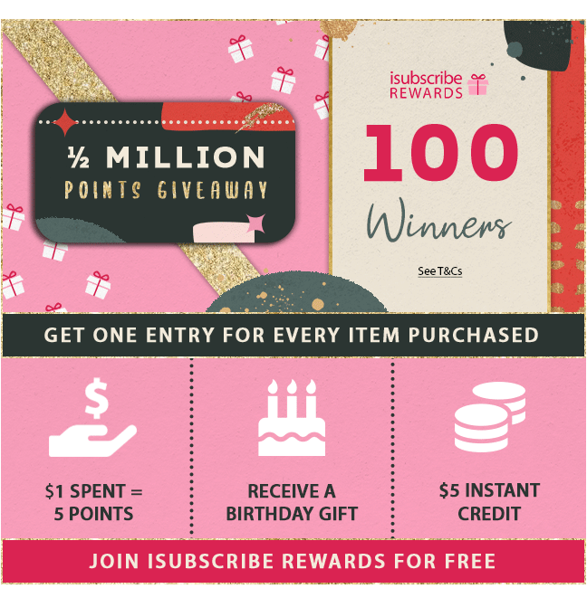 isubscribe Rewards members automatically get one entry in the 100,00 Million isubscribe Rewards Points Giveaway for each title ordered.