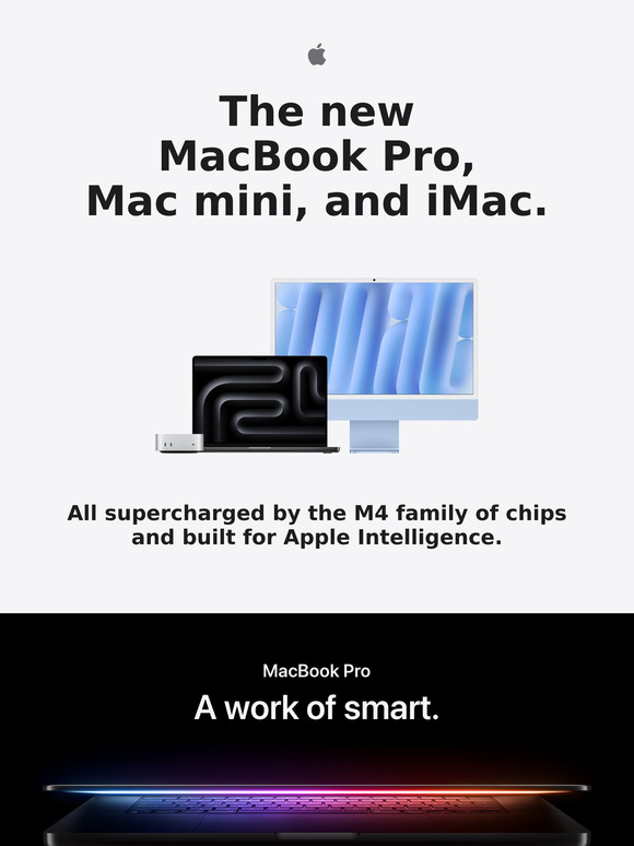 Introducing the new MacBook Pro, Mac mini, and iMac, all with Apple Intelligence.