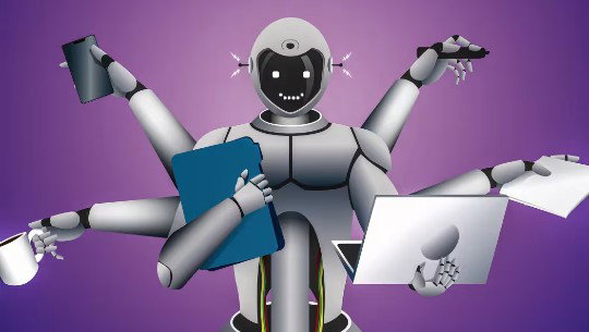 A six-armed robot representing AI smiles as it holds a laptop, phone, folder, coffee cup, pen and paper