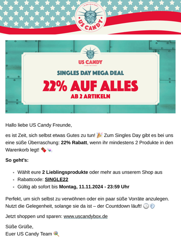 Singles Day Special: 22% Rabatt ab 2 Produkten! Jetzt zuschlagen! 🍬
