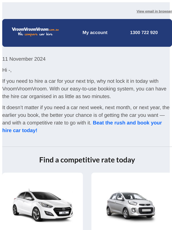 Find a great hire car rate with VroomVroomVroom!
