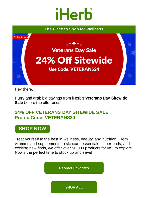 ⏰ Hurry! iHerb's 24% Off Veterans Day Sitewide Sale is Leaving Soon