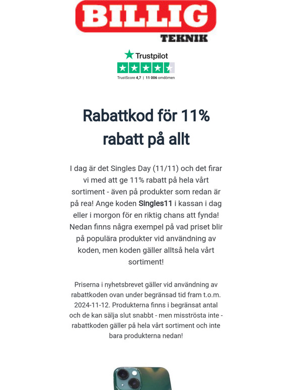 Rabattkod med 11% även på reapriser!