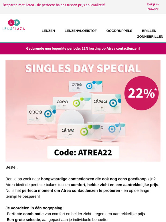 Gedurende een beperkte periode: 22% korting op Atrea contactlenzen!