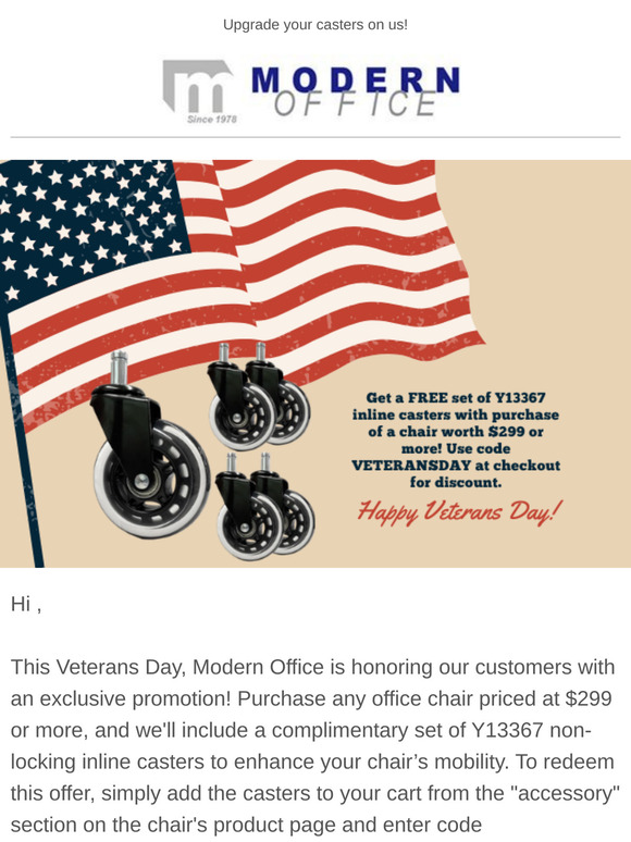 Veterans Day Special: Free Inline Casters with Chair Purchase – Limited Time Only!