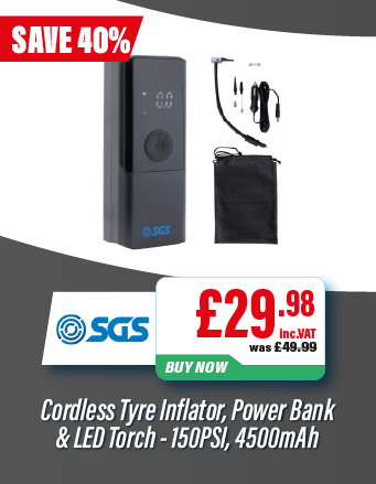 SGS Cordless Tyre Inflator, Power Bank & LED Torch - 150PSI, 4500mAh