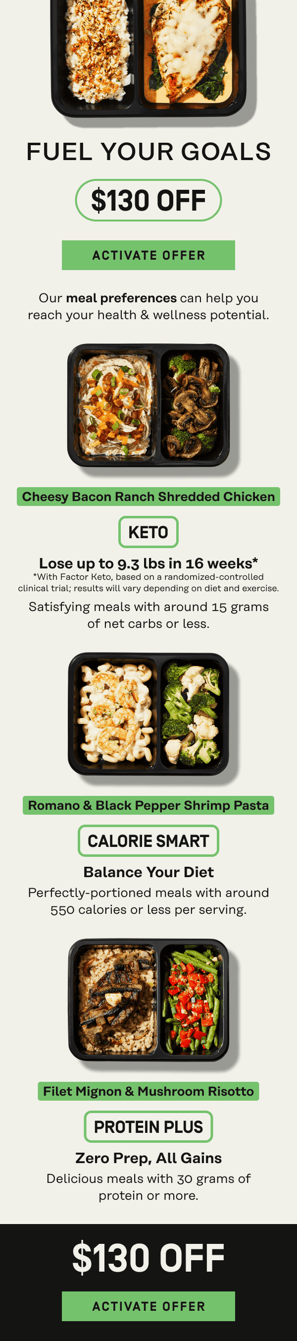 Fuel your goals $130 OFF | Activate Offer  Our meal preferences can help you reach your health & wellness potential