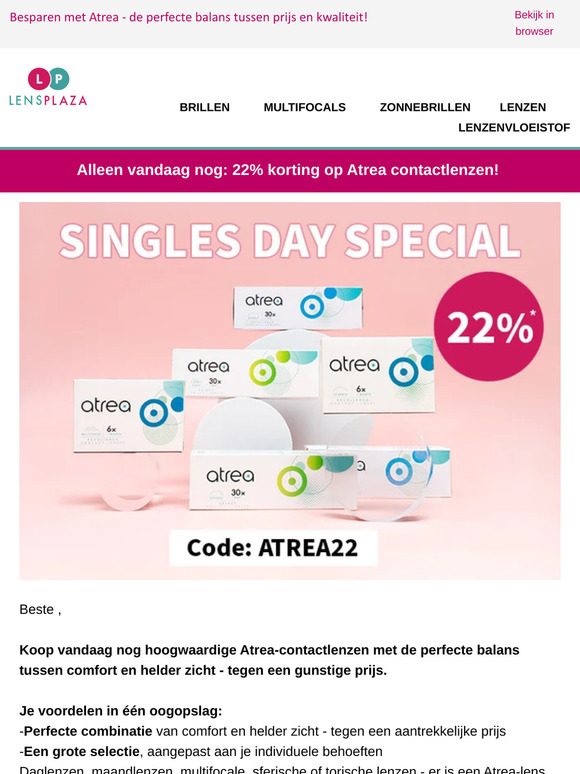 Alleen vandaag nog: 22% korting op Atrea contactlenzen!