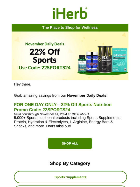 ⏰ Daily Deal: 22% Off Sports Supplements, Protein, Hydration & Electrolytes, and more