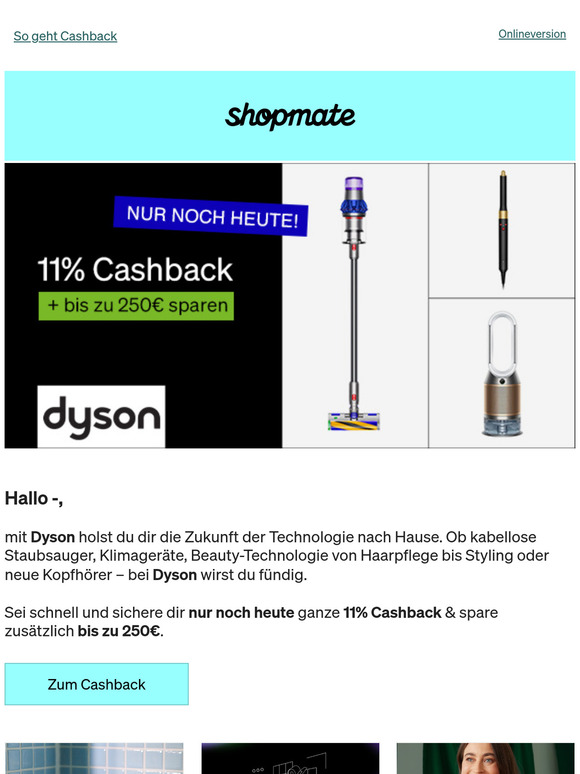 11% Cashback + bis zu 250€ sparen bei Dyson