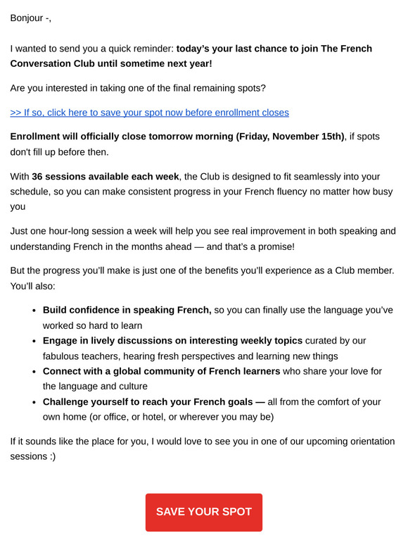 ⏳ Final hours to join the French Conversation Club