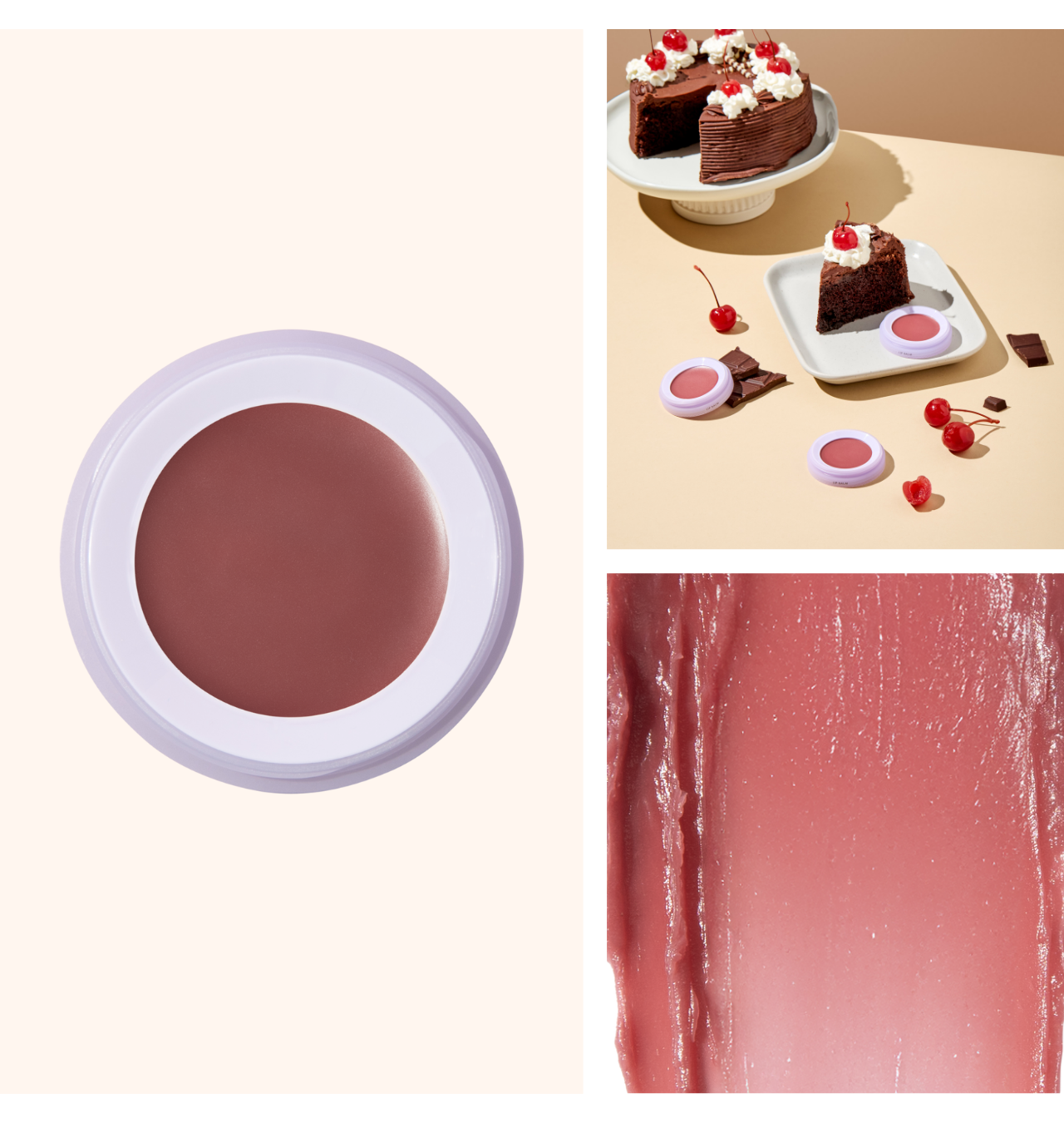 A lip balm pan, falling into a glass cup of chai tea, spilling out of the glass. A caramel colored swatch of the lip balm is featured behind the images.
