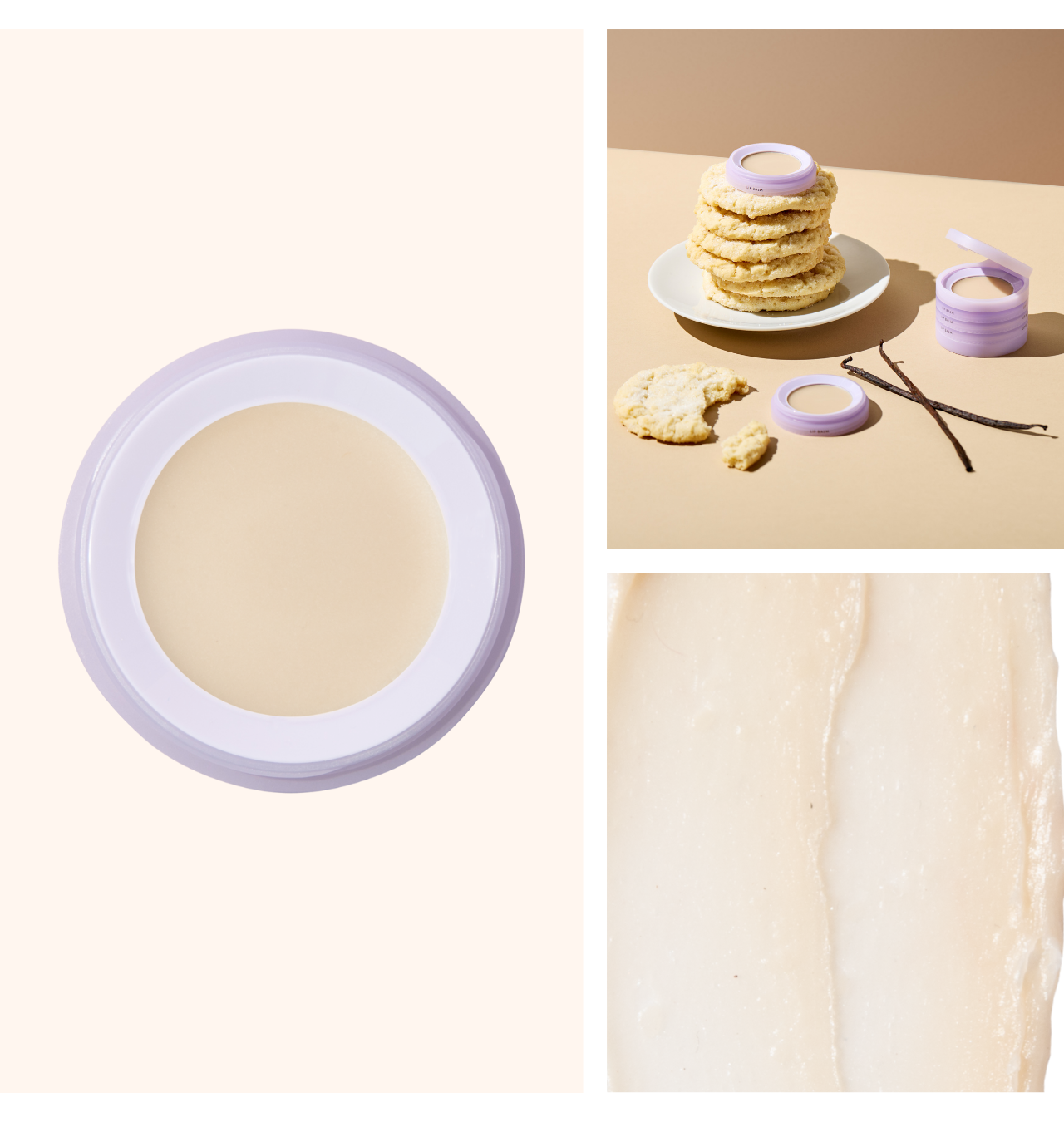 Vanilla sugar lip balm, pictured with vanilla sugar cookies and vanilla bean pods.