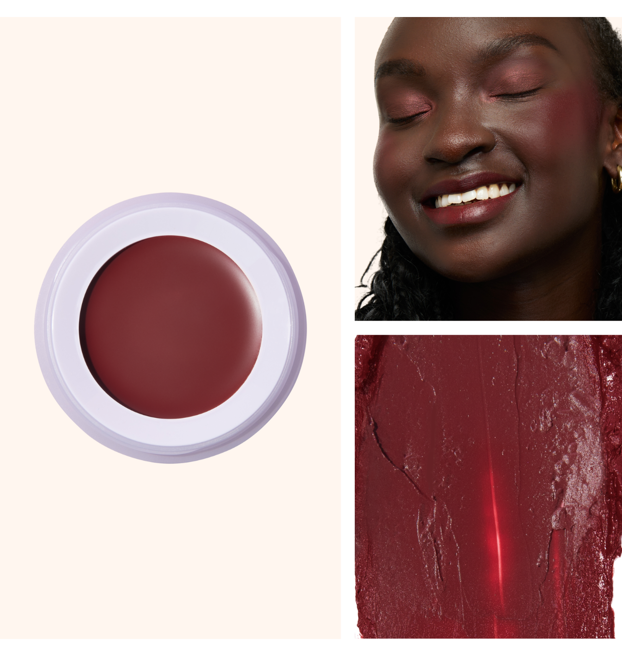 Bordeaux on the go Lip and Cheek. A deep burgundy, featured on a dark skinned model, giving her a rosy, romantic glow.
