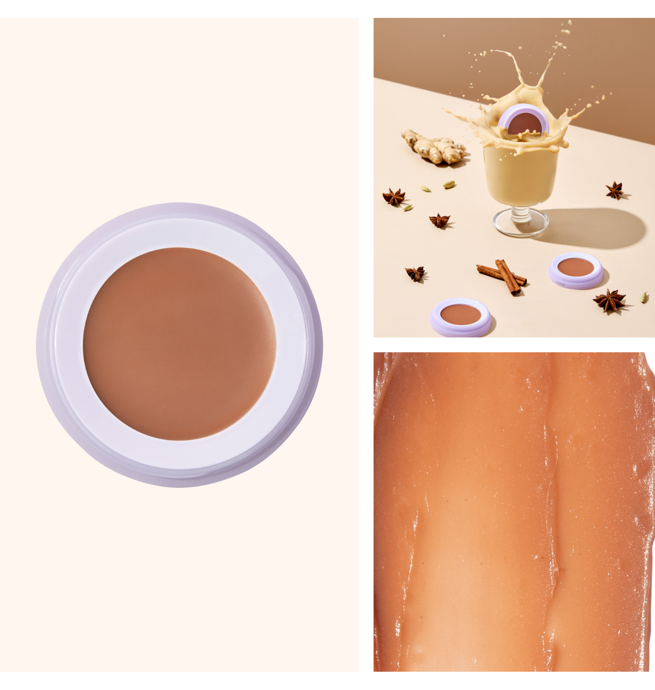 Spiced Chai Lip Balm. An image of the lip balm pan falling into a glass of chai latte, with the chai spilling out.