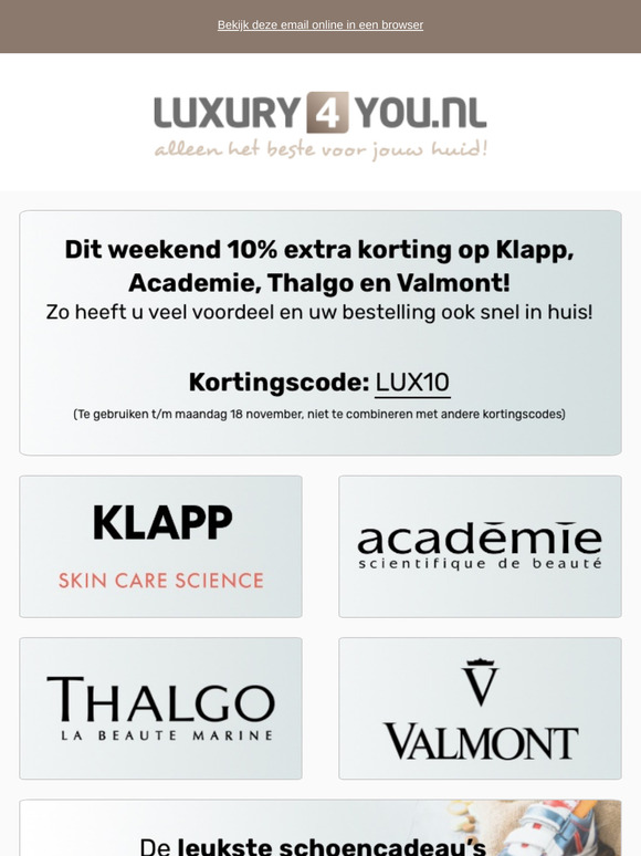 Dit weekend 10% extra korting op Klapp, Thalgo, Valmont & Academie! Ontdek nu de leukste schoencadeaus en nieuwe Renophase producten! 🎁✨