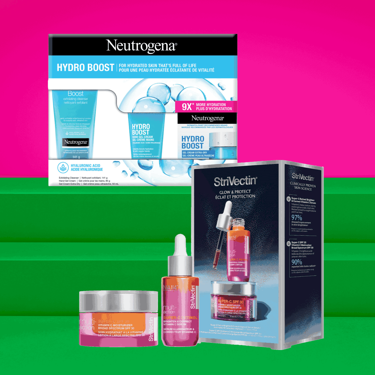 Holiday gift sets from Neutrogena and StriVectin on a green plinth and magenta background. 