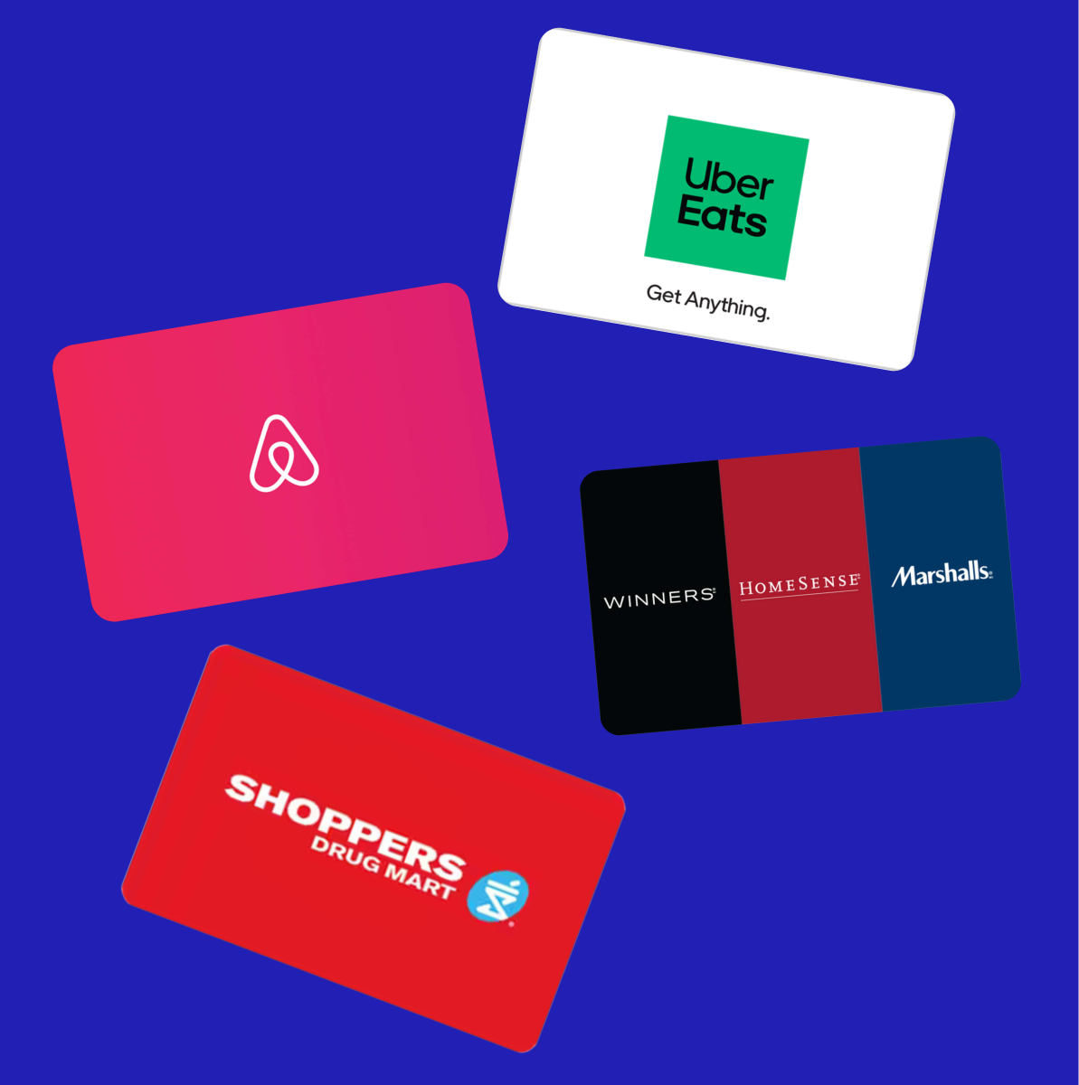 An assortment of gift cards on a blue background.