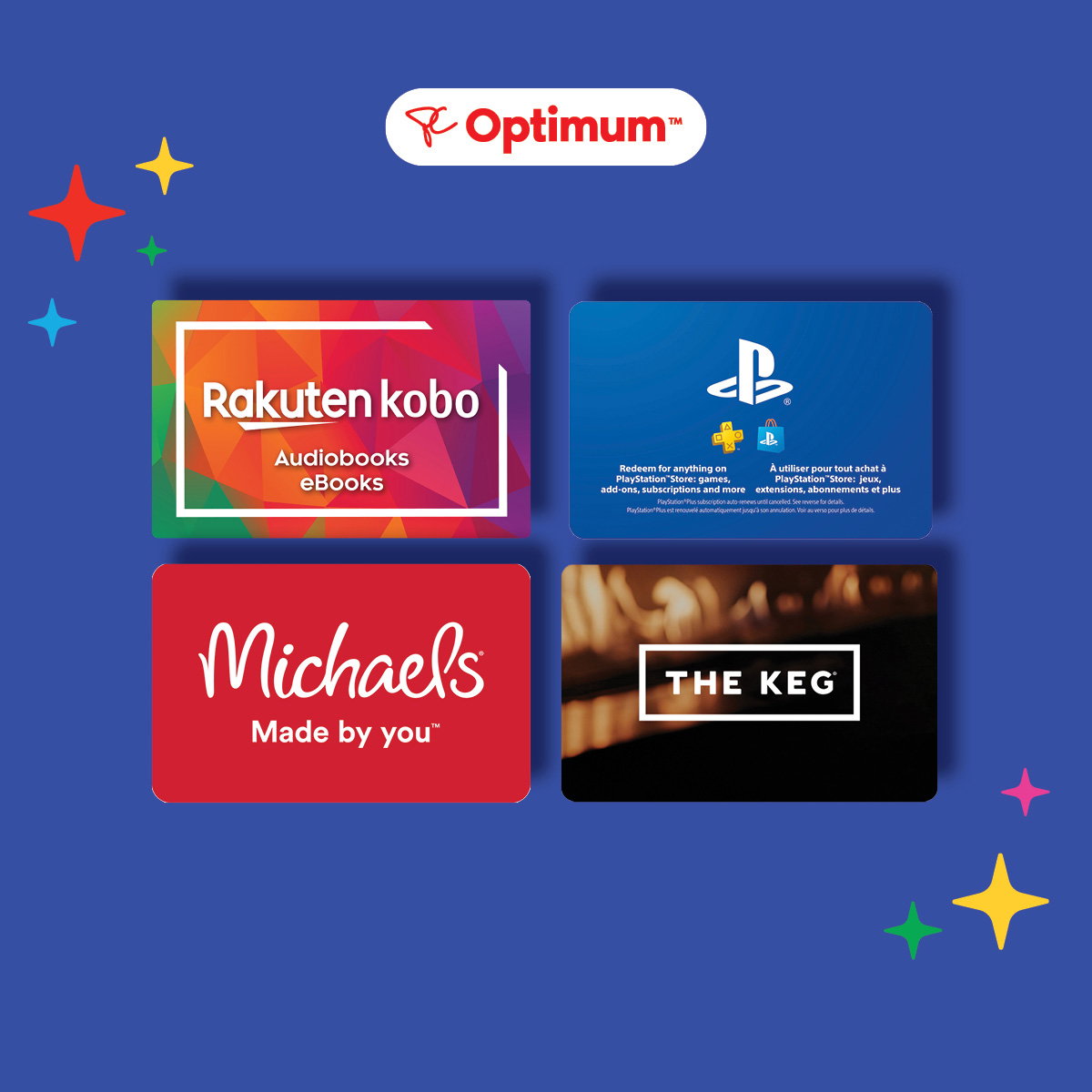 An assortment of gift cards and colourful twinkle stars on a blue background.