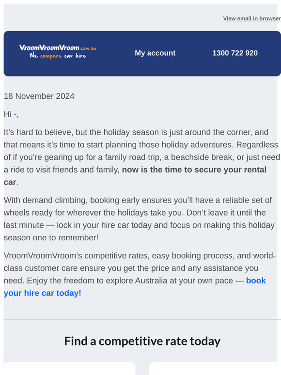 Lock in a great rate on your holiday hire car today.