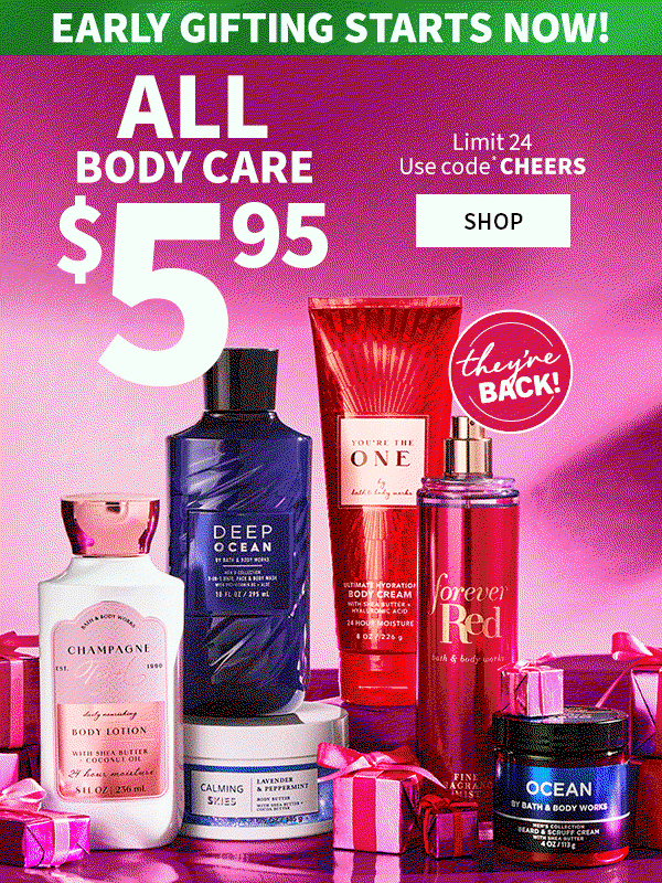 Bath & Body Works: $5.95 ALL body care ends today. 🏃‍gift away