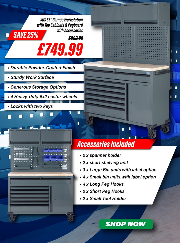 SGS 53'' Garage Workstation with Top Cabinets & Pegboard with Accessories - Slate Grey