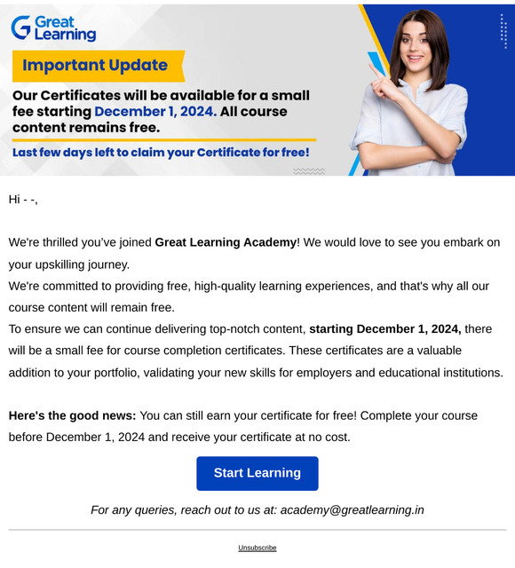 Great Learning: Important Update: Your Free Certificate Awaits ...