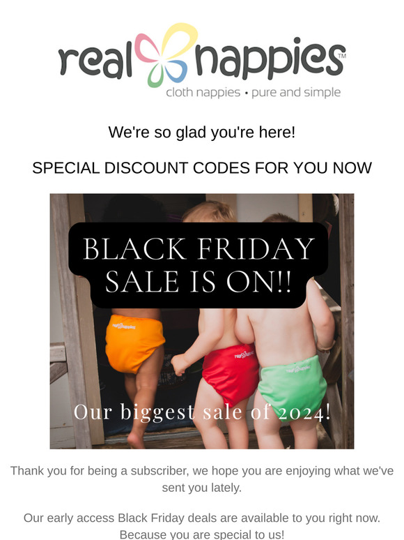 Earlybird access for you! Real Nappies Black Friday deals are live.