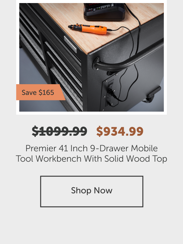 Premier 41 Inch 9-Drawer Mobile Tool Workbench With Solid Wood Top - Shop Now