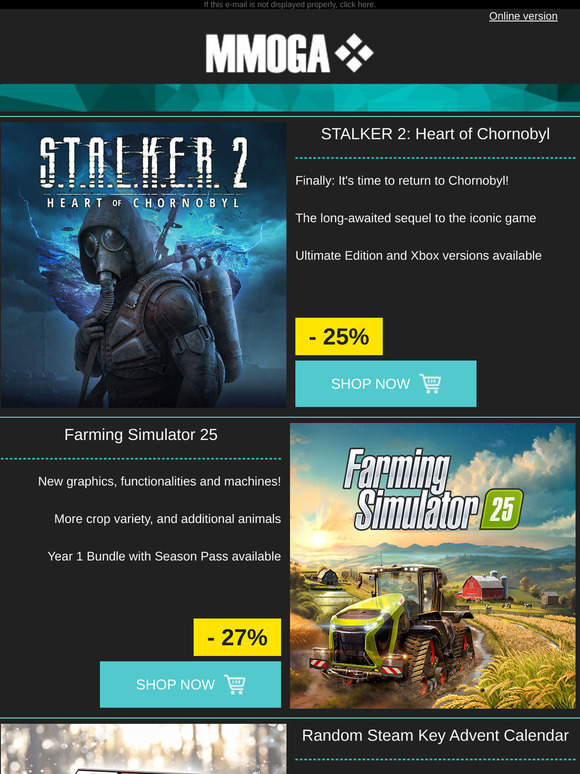 MMOGA - STALKER 2! Farming Simulator 25!  Random Steam Key Advent Calendar!