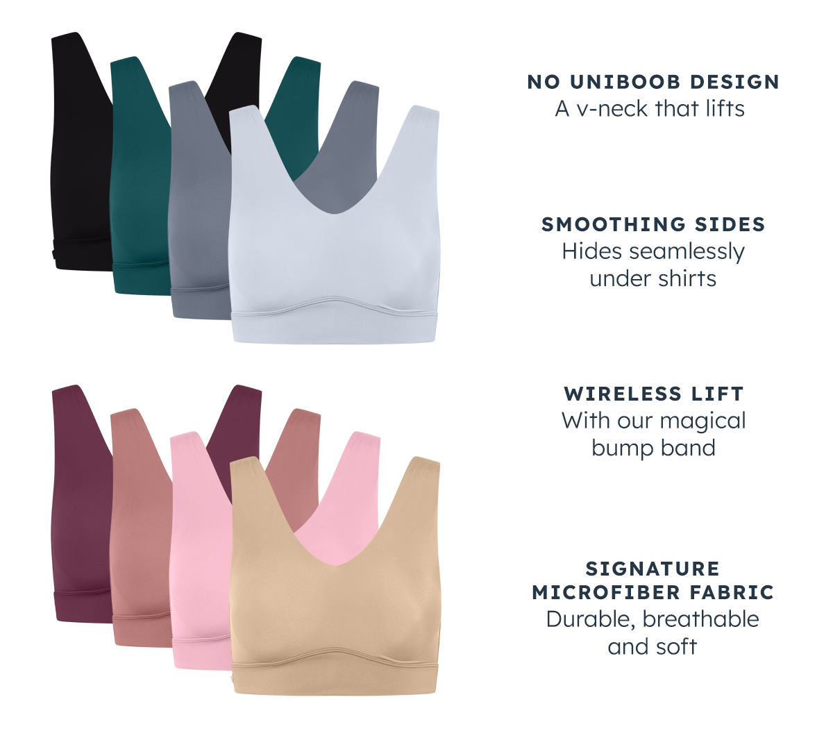 Bliss Bralette: no uniboob design, a v-neck that lifts, smoothing sides, hides seamlessly under shirts, wireless lift, with out magical bump band, signature microfiber fabric, durable, breathable and soft