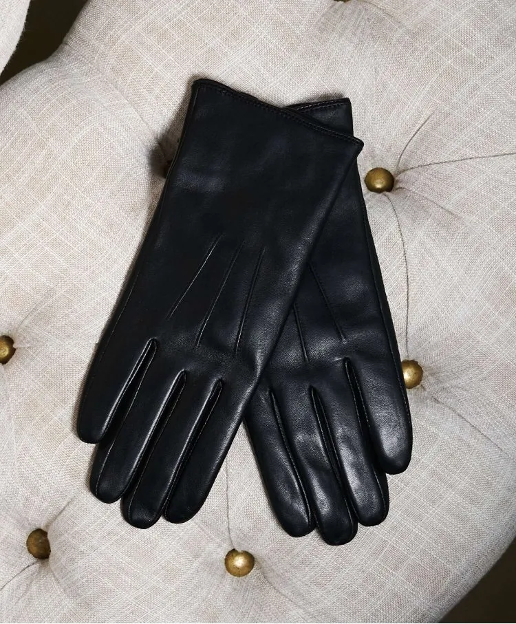 Image of Guanti in pelle nera da donna touch screen 