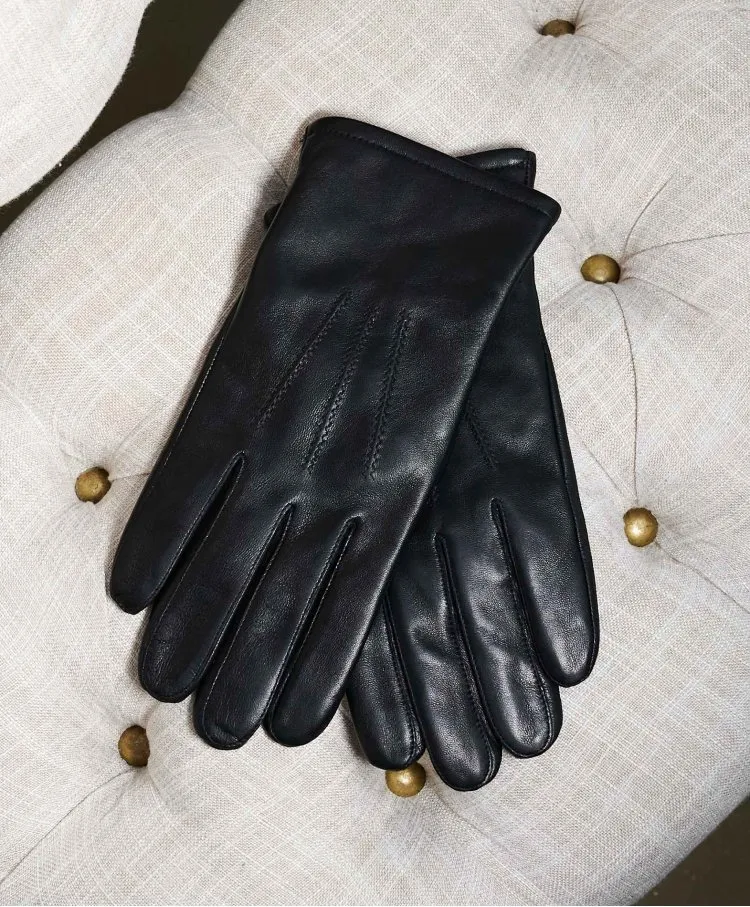 Image of Guanti in pelle nera da uomo touch screen 