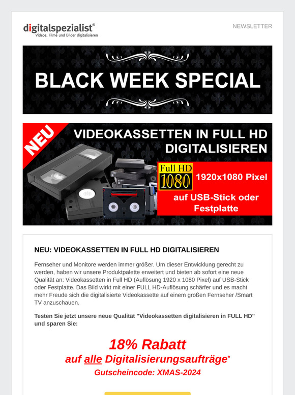 ◆◆◆ BLACK WEEK SPECIAL: JETZT VIDEOKASSETTEN IN FULL HD DIGITALISIEREN ◆◆◆